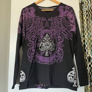 Black top with purple angel design & spade rhinestone angels writing